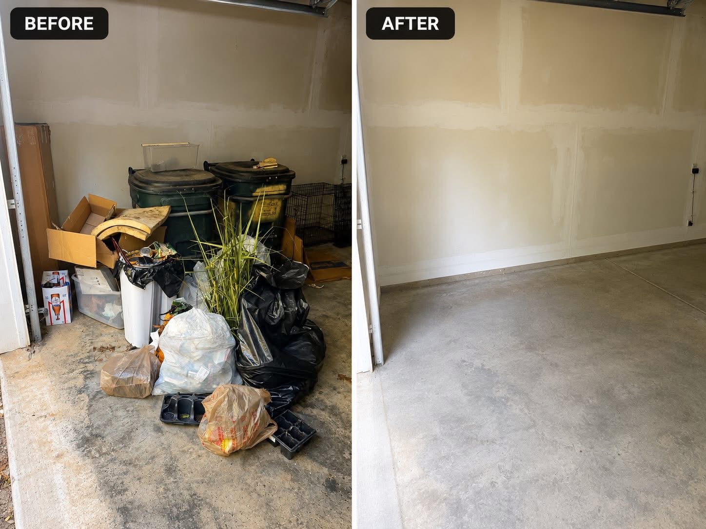 Before and after of a Greenville garage cleanout — junk and debris hauled away