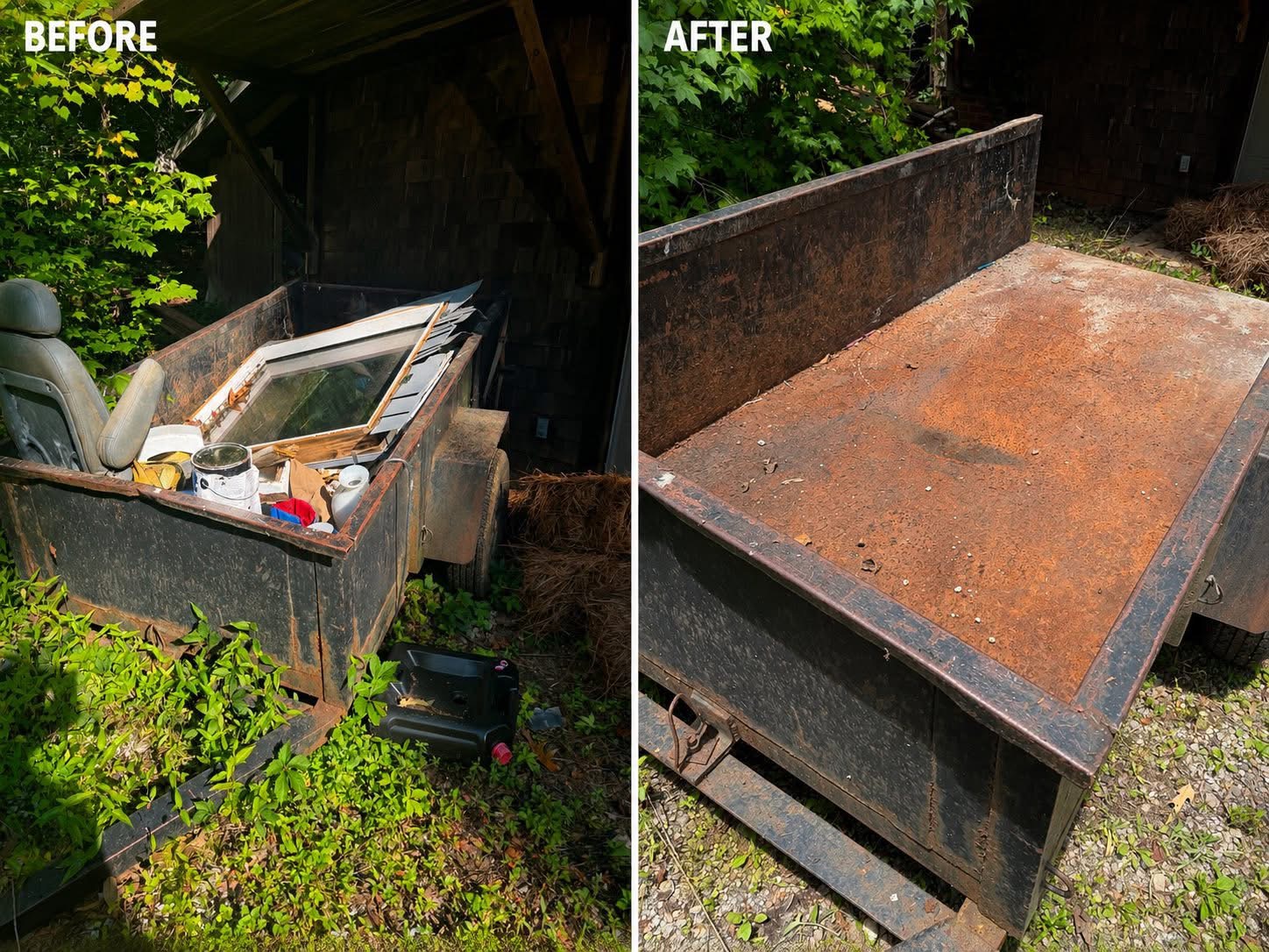 Before and after of a backyard cleanout — trailer loaded and left spotless