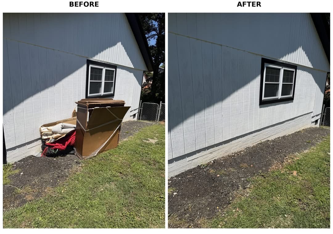 Before and after of unwanted furniture and debris removed from the side of a home